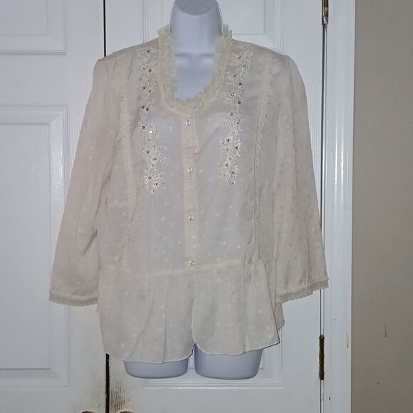 Pretty Angel linen silk blend ivory vintage lace bead embellished button blouse - Picture 1 of 9